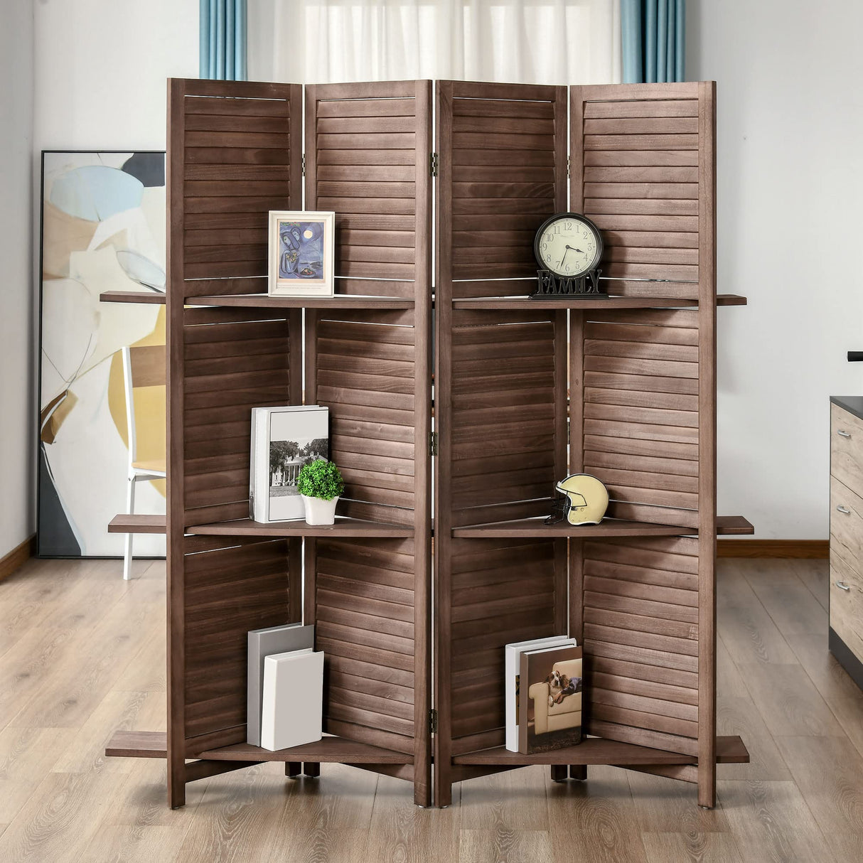 HOMCOM Room Divider, 4 Panel 67" Tall Wood Privacy Screen with 3 Display Shelves, and Folding Storage for Bedroom or Home Office, Walnut HOMCOM