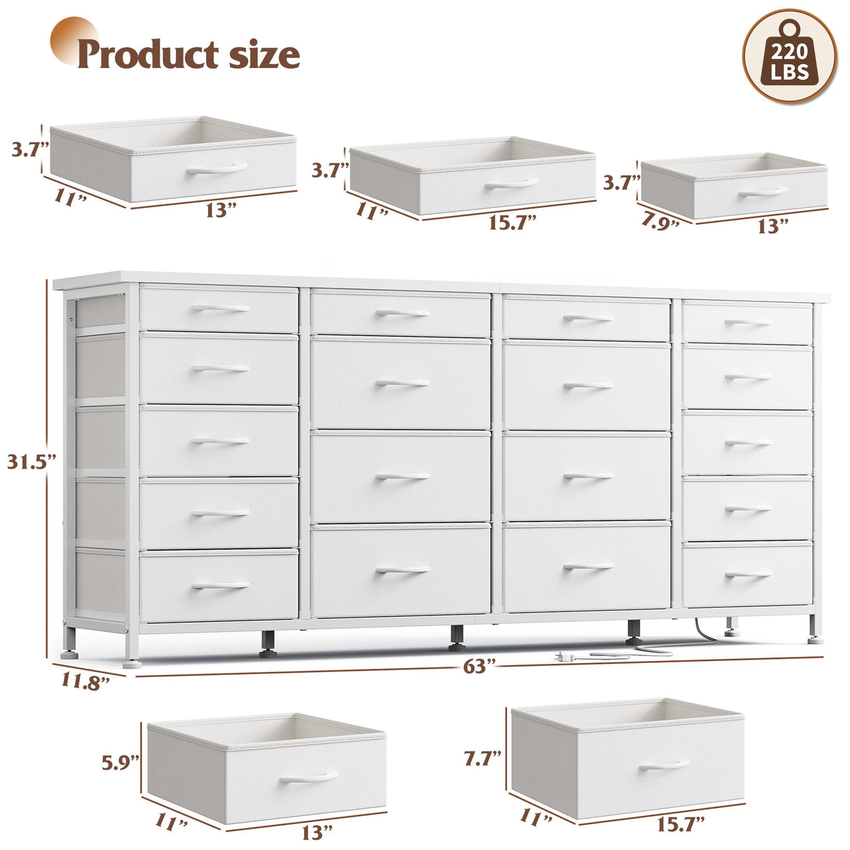 EnHomee 63" W 18 Drawers Dresser with LED Lights & Power Outlets Long Dresser for 65" TV Stand for Bedroom Large Fabric Dressers & Chests of Drawers for Bedroom, Sturdy Metal Frame (White) EnHomee