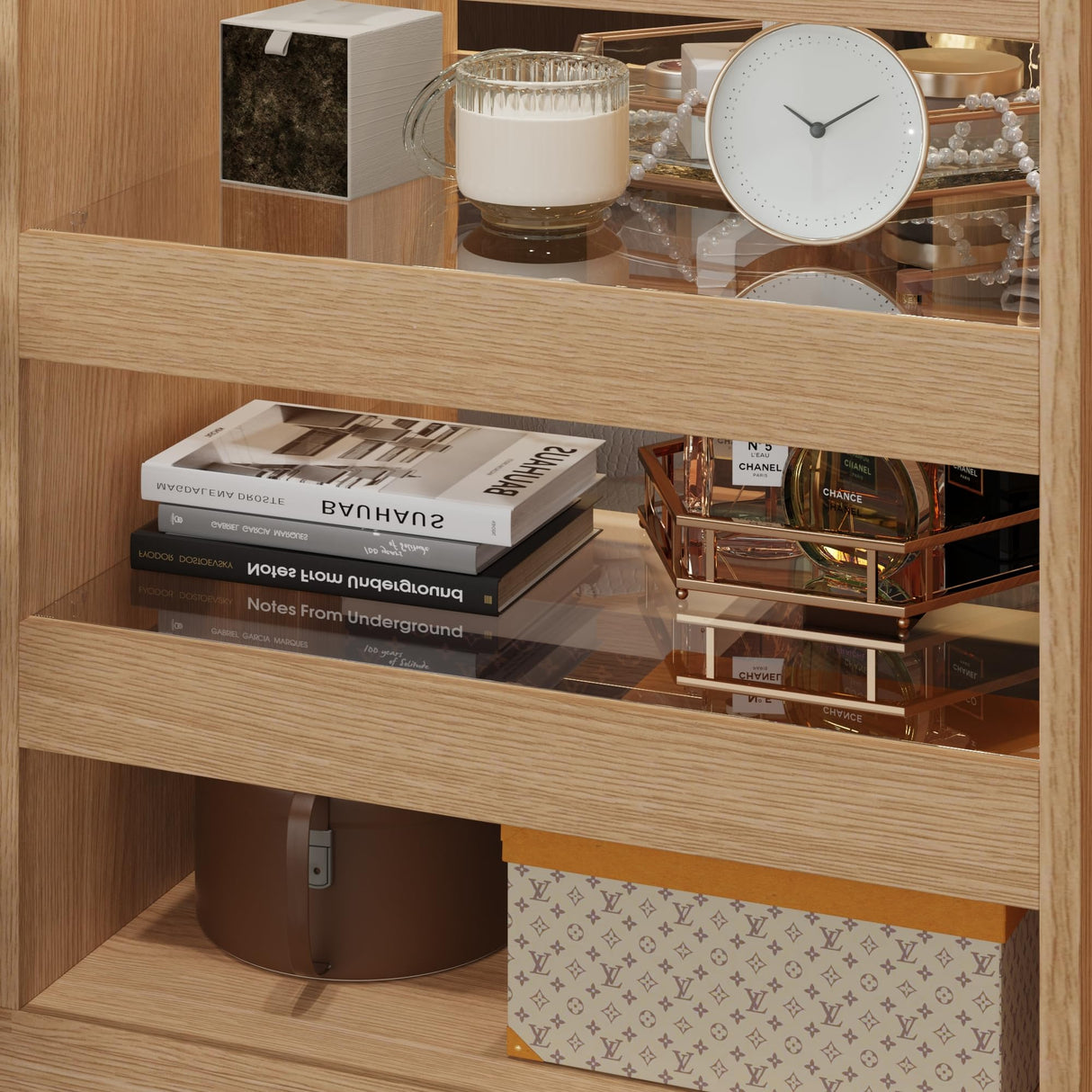 Homsee Armoire Bedroom Island with Glass Top & Shelves, Freestanding Wardrobe Closet with 4 Handleless Drawers, Walk-in Closet Island Display Dresser for Bedroom Shops, Light Brown Homsee