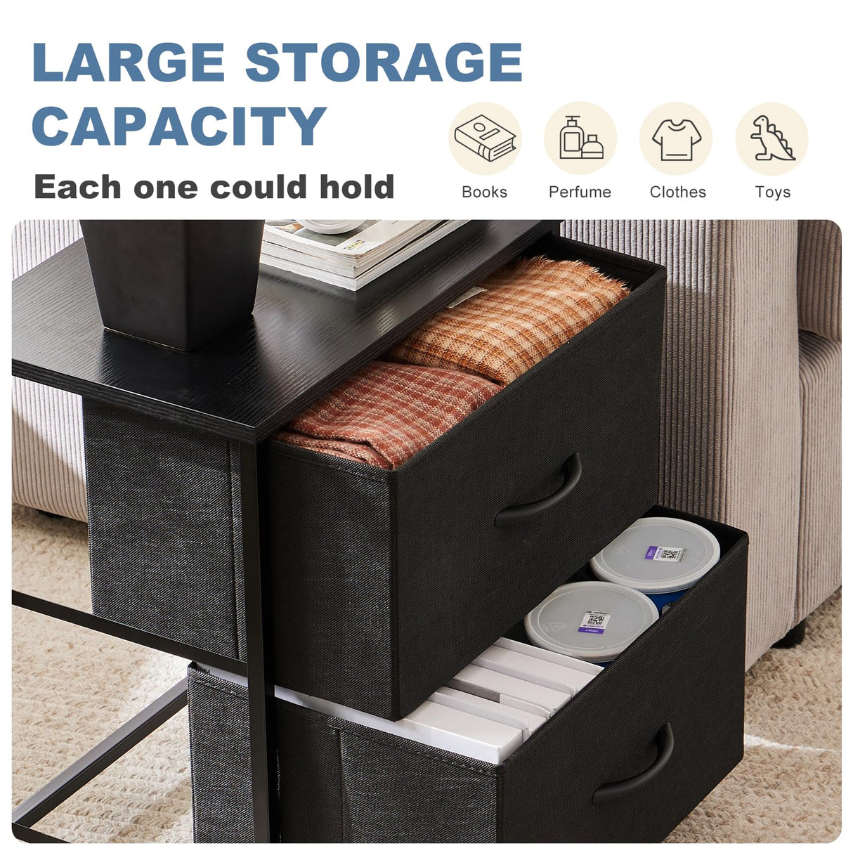 DUMOS Nightstand Set of 2, Small Dresser with 2 Fabric Drawers Side Bedroom End Table Kids Bedside Storage Furniture for 25 inch Tall Night Stand for Closet, Entryway, College Dorm, Black, M-2 Pack DUMOS