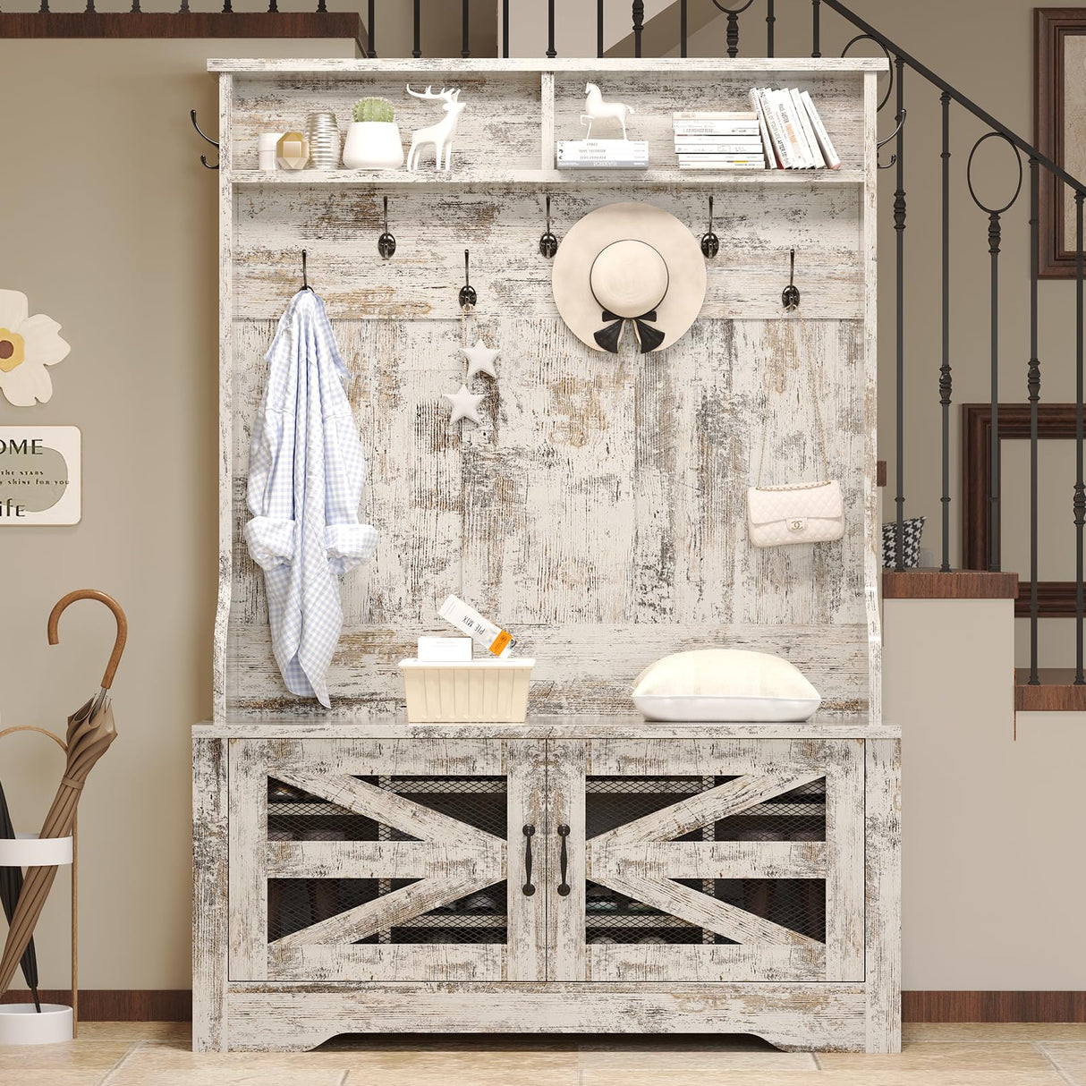 Itaar Hall Tree with Bench and Shoe Storage, 5-in-1 Entryway Bench with Coat Rack, 10 Shoe Cubbies & 9 Coat Hooks, Barn Door & Adjustable Shelf (Vintage White) Itaar