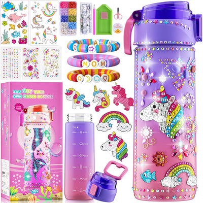 Decorate Your Own Water Bottle Kits for Girls Age 4-12, Unicorn Toys for Girls Age 4-6 Painting Crafts Kit, Clay Beads Bracelet Making Kit, Birthday Gifts Toys for Ages 6-12 (Unicorn)