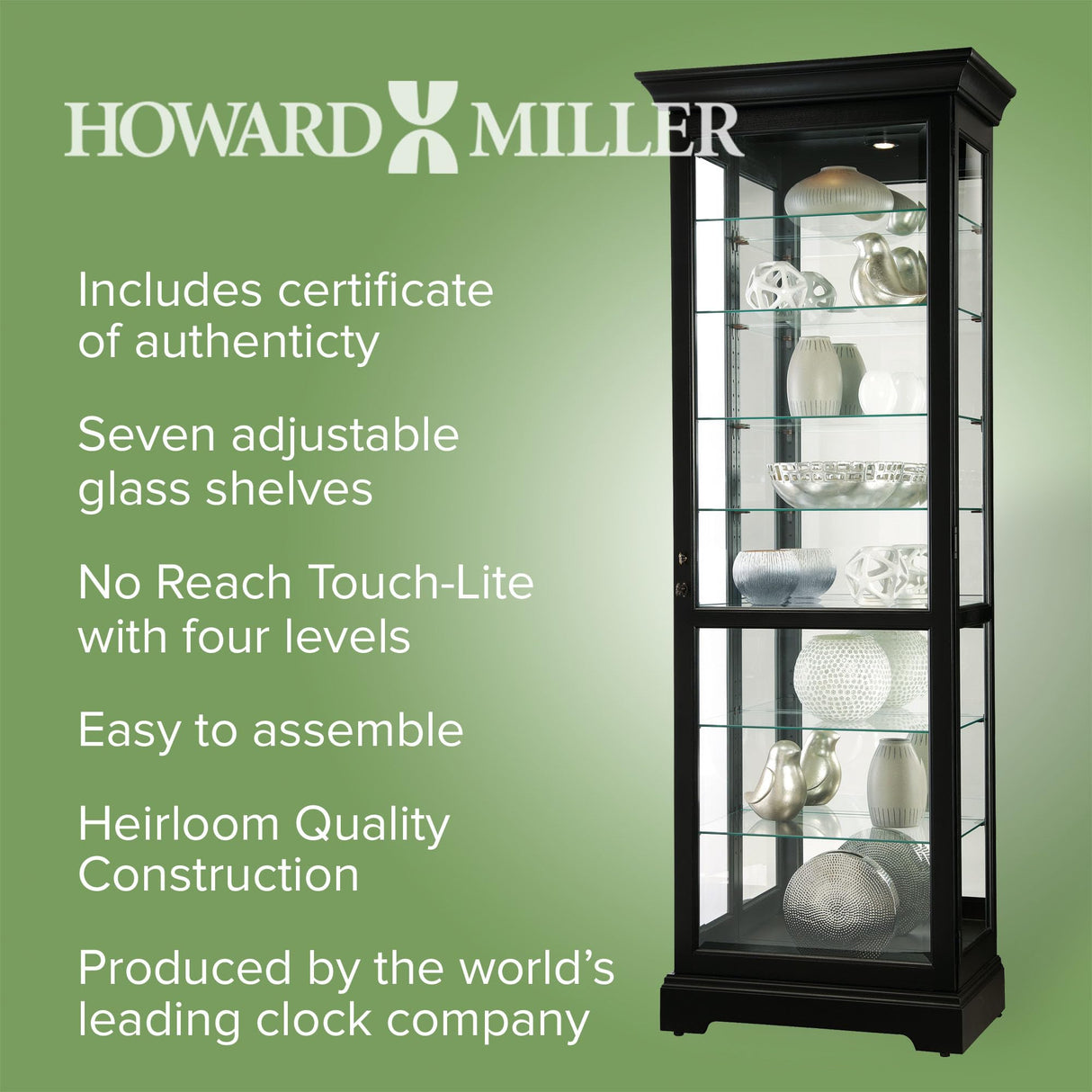 Howard Miller Chesterbrook III Curio Cabinet 680-660 – Black Satin Finish Home Decor, Seven Glass Shelves, Eight Level Display Case, Locking Door, No Reach Light Howard Miller