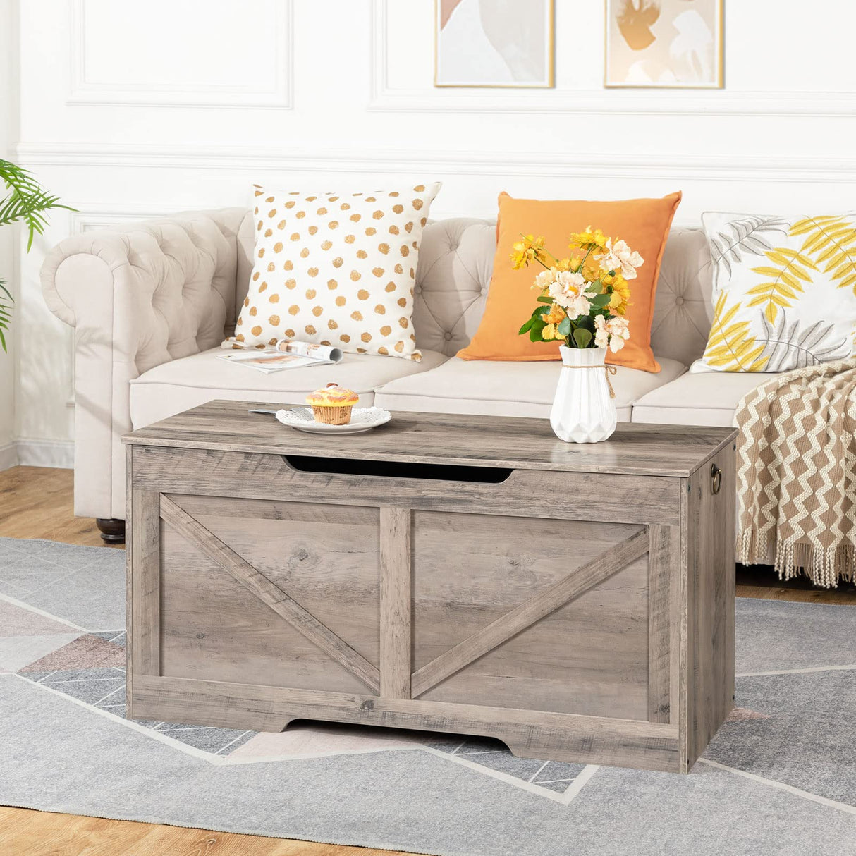 HOOBRO Storage Bench, 39.4” Retro Wooden Storage Chest with U-Shaped Cut-Out Pull, Safety Hinge, Supports 220 lb and Easy Assembly for Toy Box Organizer (Greige) BG771CW01 HOOBRO