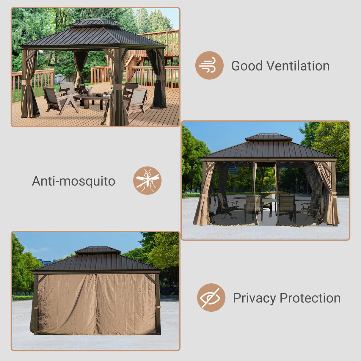 Domi 10' X 12' Hardtop Gazebo, Upgraded Metal Gazebo with Drainage System, Dual-Layer Galvanized Steel Roof, Curtain and Netting, Outdoor Shelter Canopy for Patio, Garden, and Backyard, Brown domi outdoor living