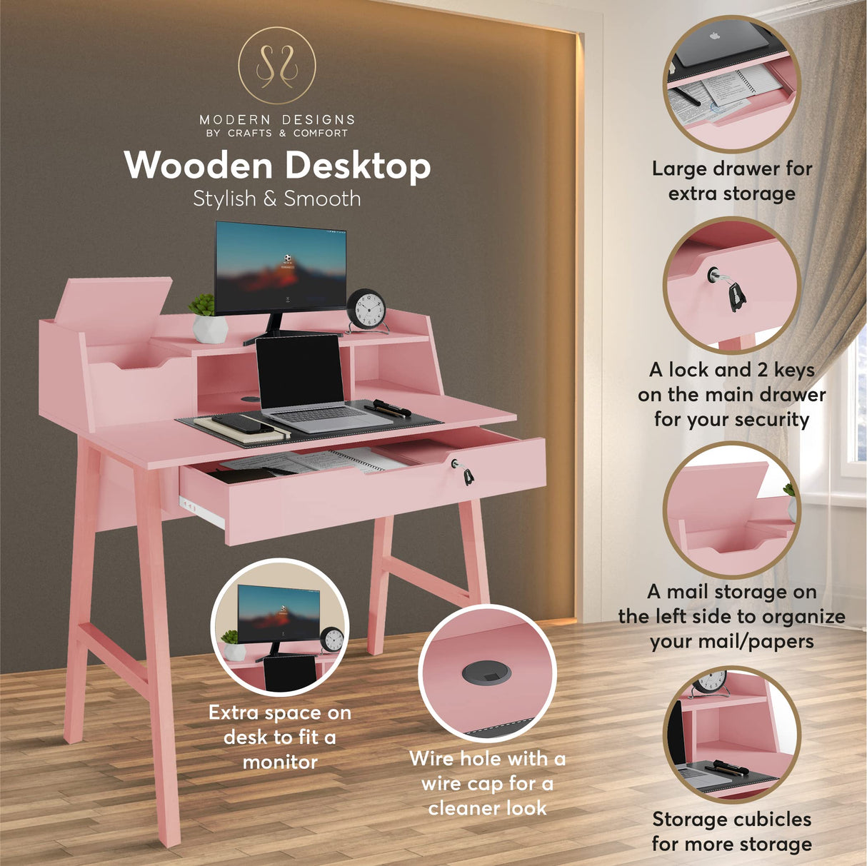 Modern Designs by Crafts and Comfort Roma Elegant Writing Desk - with Storage, Cable Holes & Drawers - Great for use as Workstation and Writing for Students in Bedroom or Dormroom - Pink 40x19x37 Modern Design By Crafts & comfort