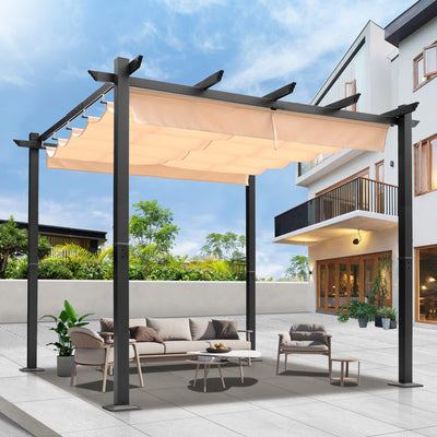 10‘x10’ Louvered Pergola, Retractable with Sun Shade Canopy Patio Pergola, Heavy Duty Aluminum Pergolas for Gardens, Pavilion Grill Gazebo, Backyards and Decks, Grape Trellis (Khaki)