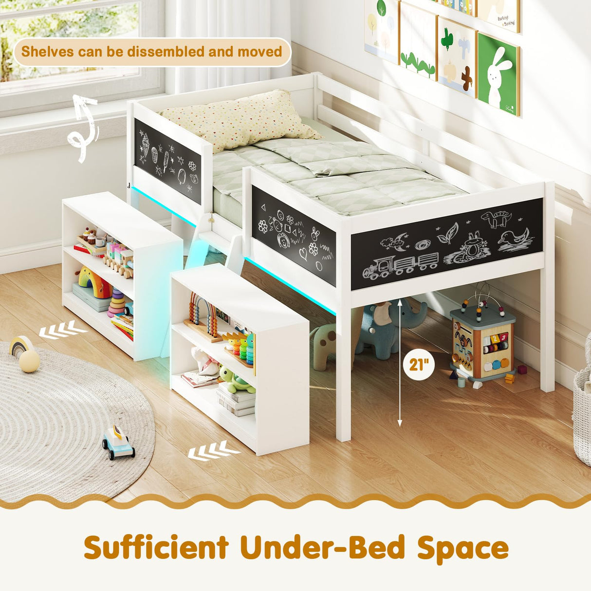 Giantex Low Loft Bed with LED Lights, Wooden Twin Size Loft Bed with Ladder & Blackboard, Twin Bed Frames for Kids with Storage 2 Bookcases and Play Space, White Giantex