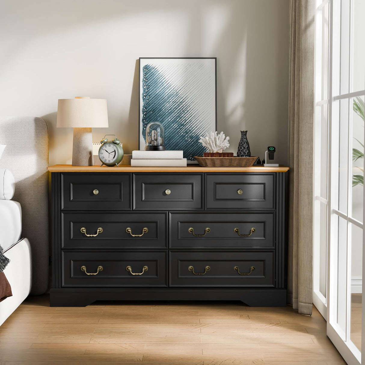 Cozy Castle 7 Drawer Dresser, Farmhouse Chest of Drawers for Bedroom, 54" Wide Dresser with Retro Metal Handles, Wood Drawer Organizer TV Stand for Living Room, Hallway (Black) Cozy Castle