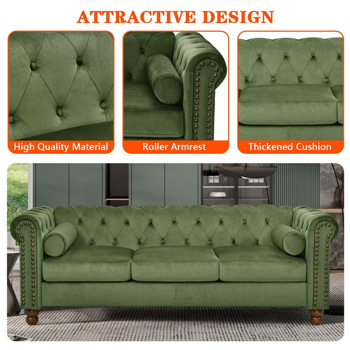 Anwick Chesterfield 3 Seater Sofa, Mid Century Modern Large Sofa with Rolled Arms and Solid Wood Legs, Upholstered Leather Tufted Couch for Living Room, Bedroom, Office, Apartment (Green) Anwick