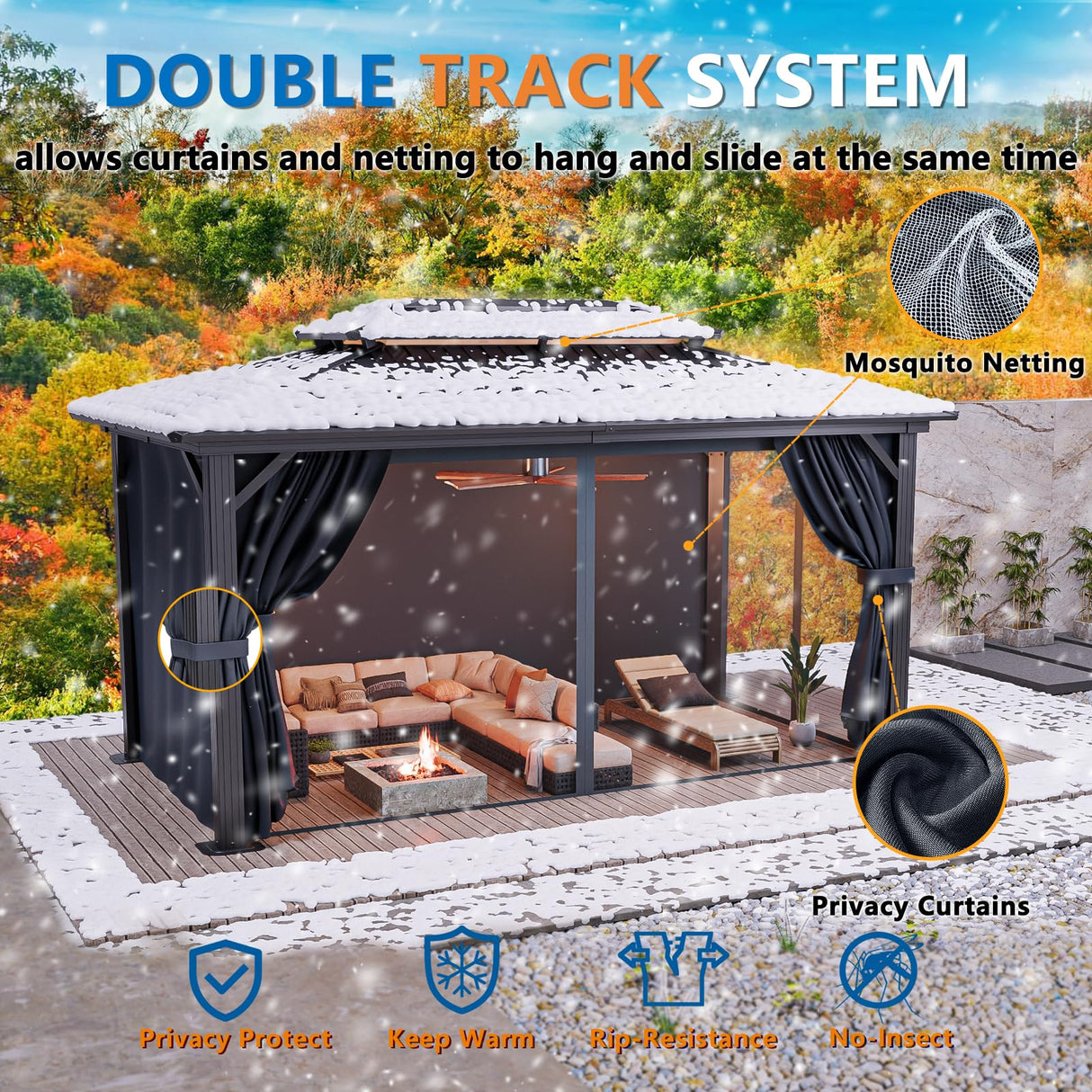 HOTEEL 10x15 Hardtop Gazebo with Heavy Duty Galvanized Steel Double Roof, Aluminum Frame, Flame-Resistant Curtains and Netting, Outdoor Permanent Pavillon for Backyard, Black Hoteel