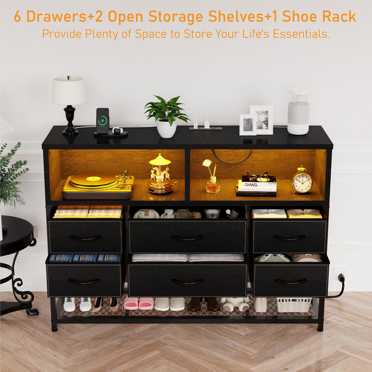 eiskah Black Dresser for Bedroom, 6 Drawers Led Dresser TV Stand with Power Outlets and LED Lights, Long Fabric Dressers Wide Chest of Drawers with Large Organizer Shoe Rack for Living Room, Entryway eiskah