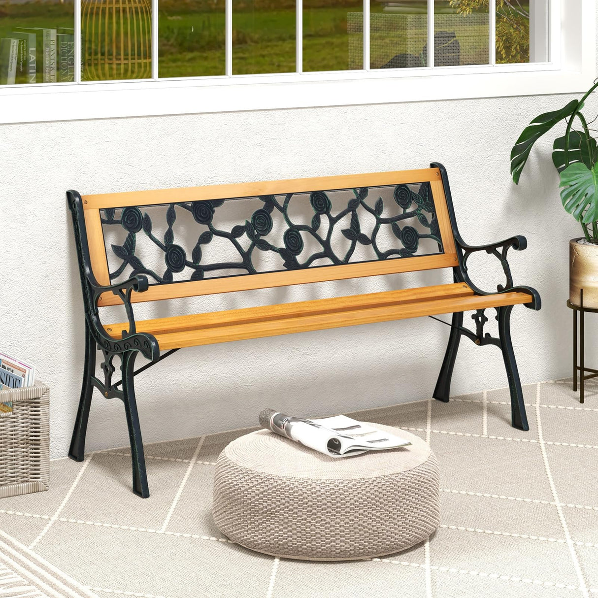 Tangkula Outdoor Garden Bench Park Bench, Patio Iron Bench Chair with Cast Iron & Hardwood Structure, Weather Proof Porch Loveseat, Perfect for Backyard, Deck, Lawn, Poolside Tangkula