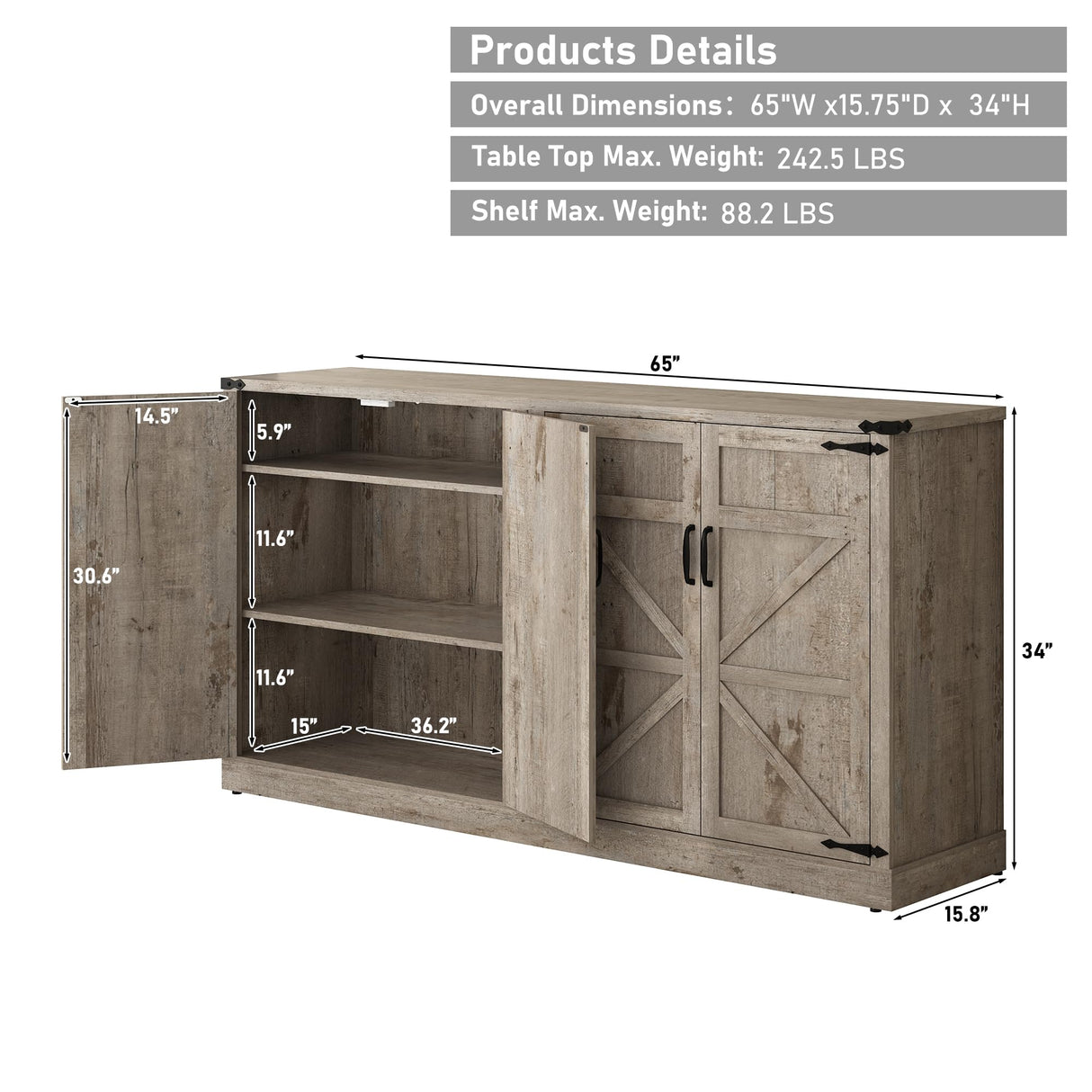 Sideboard Buffet Cabinet with Storage - 65 Inch Farmhouse Kitchen Pantries Sideboard Cabinets with Adjustable Shelves, Wooden Coffee Bar Cabinet Buffet Table for Kitchen, Dining Room, Oak chartustriable