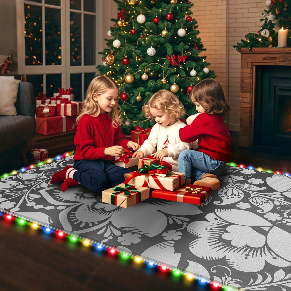 RV Outdoor Rug with Lights 5x8ft, Outdoor Camping Rug, Waterproof, Easy Cleaning, Non Shedding, Foldable and Portable, Reversible Mats for RV, Deck, Beach, Camping, Patio, Picnic (Grey & White) Pafolo