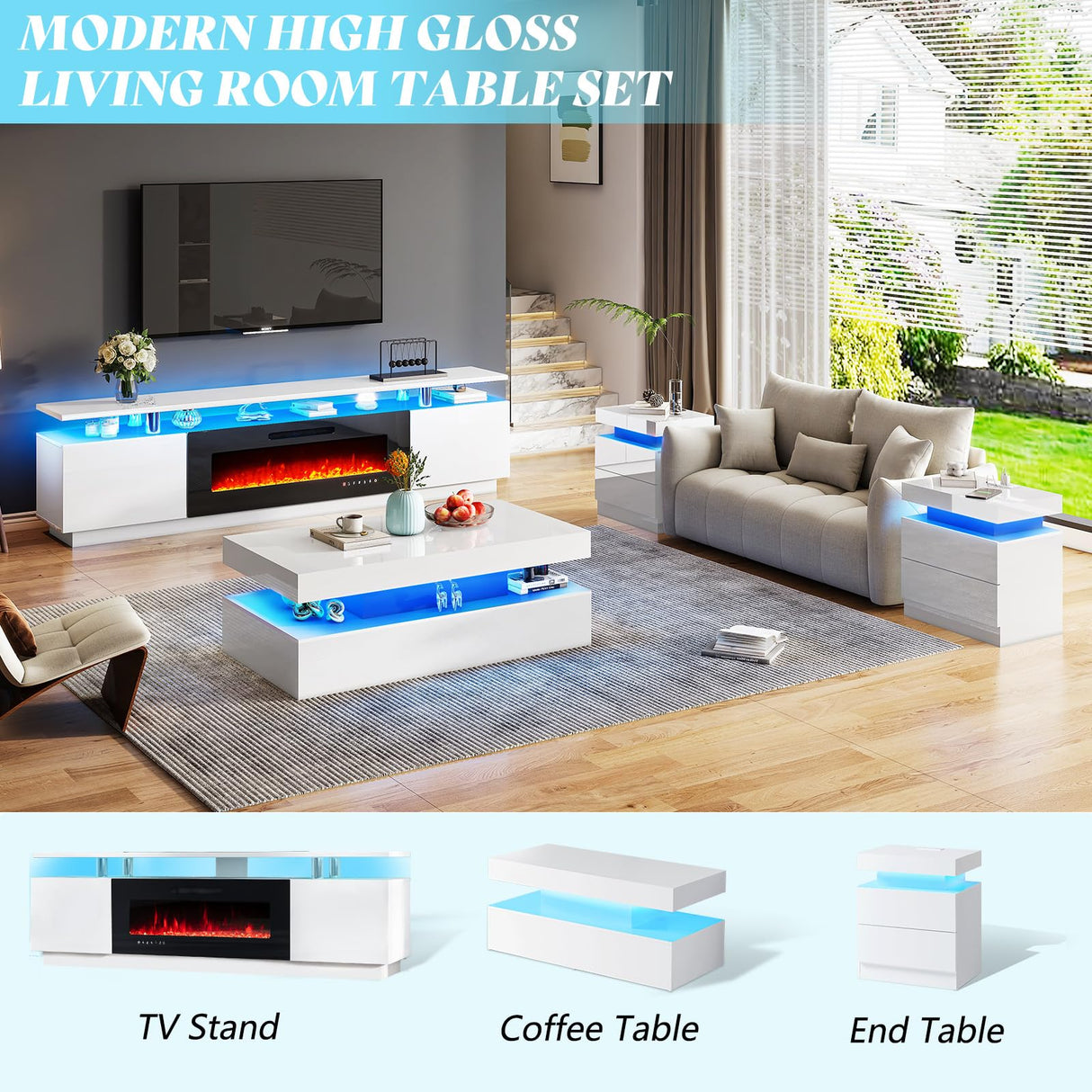 AMERLIFE Fireplace TV Stand with 40" Fireplace, 80" Modern High Gloss Fireplace Entertainment Center LED Lights, 2 Tier TV Console Cabinet for TVs Up to 90", Ivory White AMERLIFE