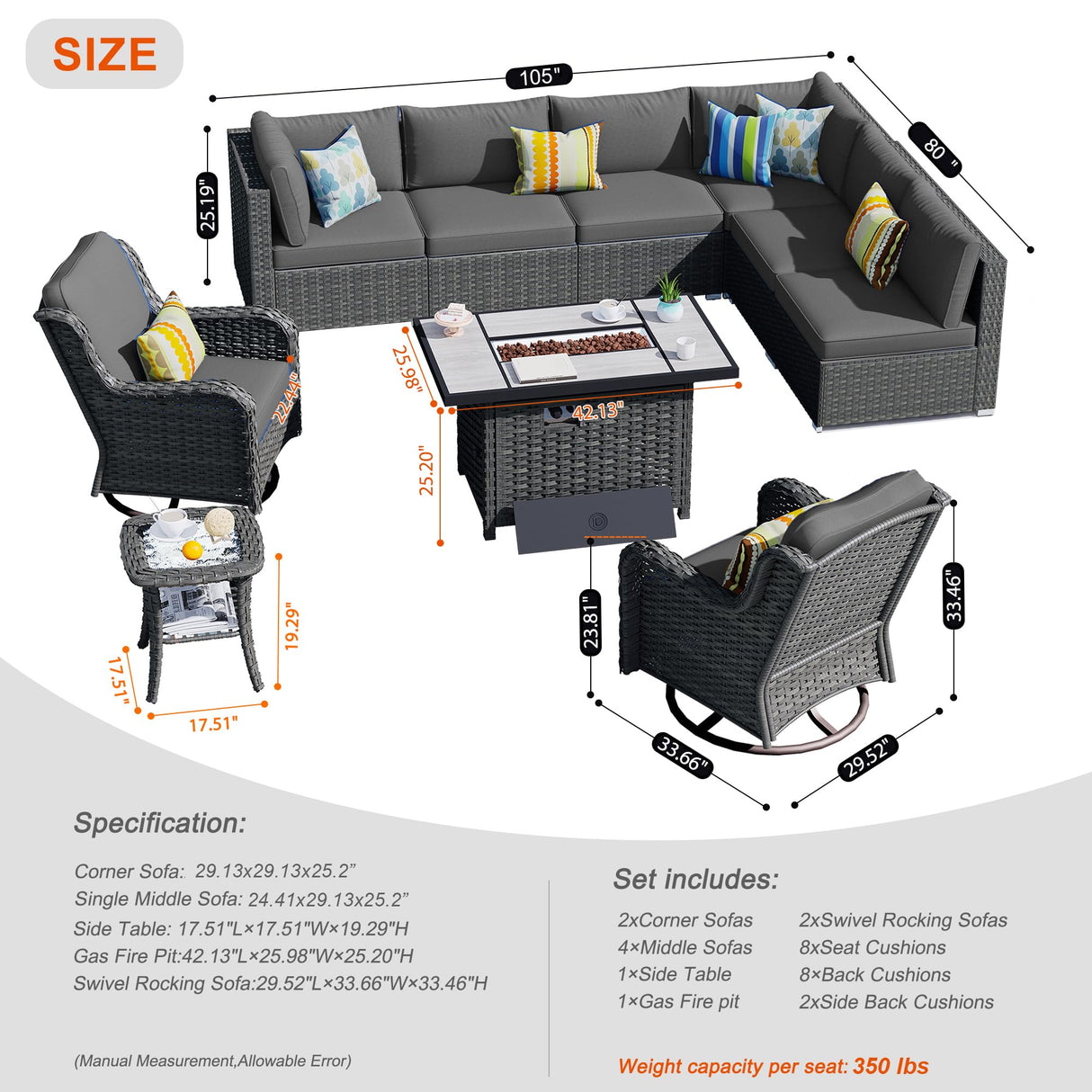 HOOOWOOO Patio Outdoor Sectional Furniture Sofa Set with Fire Pit Table,10 Piece L Shaped Wicker Couch Set with Swivel Chairs,Modern 8 Persons Summer Patio Conversation Set(Charcoal Gray) HOOOWOOO