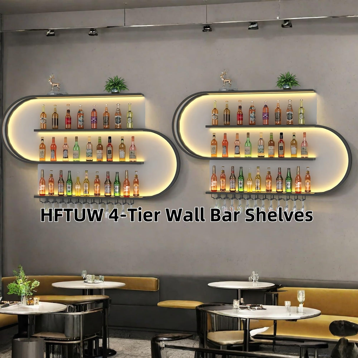 HFTUW 71 Inch Wall-Mounted Wine Rack with Led Light, 4-Tier Half Round Bar Shelves, Industrial Metal Display Storage Shelf & Wine Glass Hooks for Home Bar, Dining Room(Black-Yellow Led, 71in/180cm) HFTUW