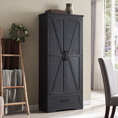 72" Tall Antique Black Farmhouse Storage Cabinet with Adjustable Shelves, Drawer & Barn Doors by JXQTLINGMU