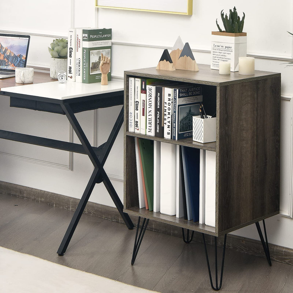 Giantex Record Player Stand, Turntable Stand Holds up to 150 Albums, Mid-Century Vinyl Storage Cabinet Table with Metal Legs, Record Player Holder End Table for Bedroom Living Room, Grey Giantex