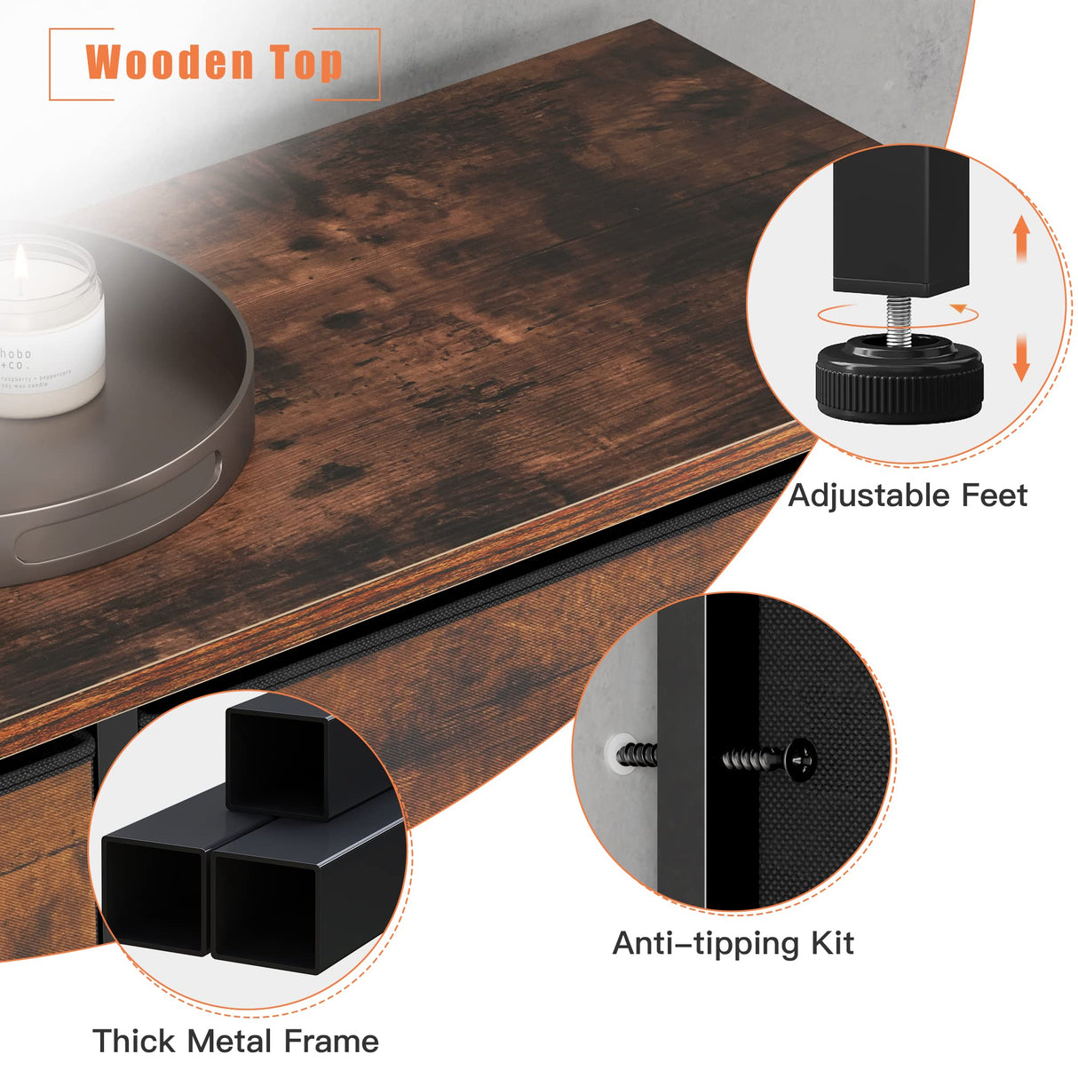 EnHomee 12 Drawer Dresser with Wooden Top and Metal Frame, Tall Fabric Dresser & Chest of Drawers for Bedroom Closet Living Room, Rustic Brown, 11.8" D x 34.7" W x 52.4" H EnHomee