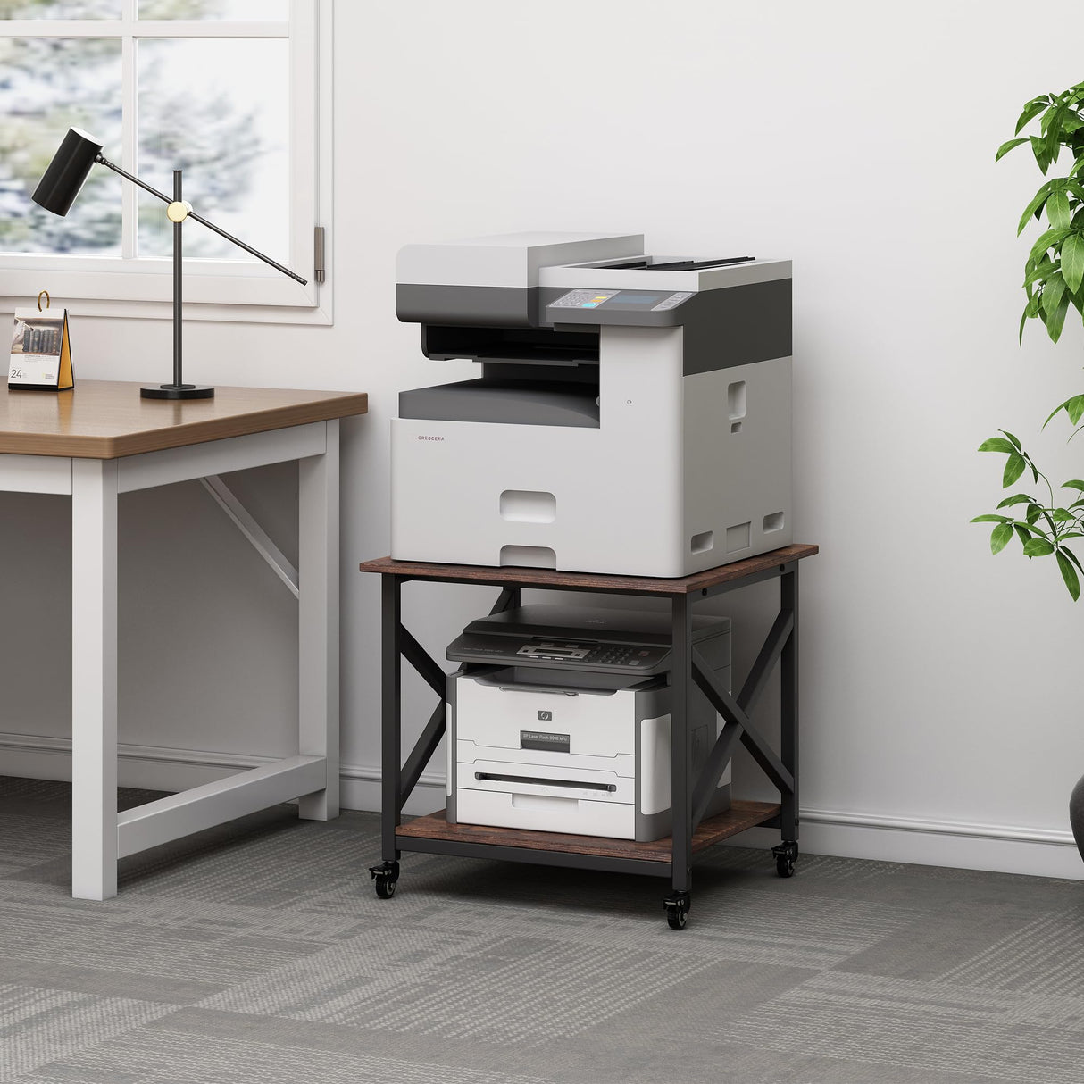 Fannova Large Printer Stand, 23.6 x 23.6 x 22.6 Inches Square Printer Table with Storage Shelf, 2 Tier Rolling Printer Cart with Industrial Wheels for Home Office - Rustic Brown Fannova