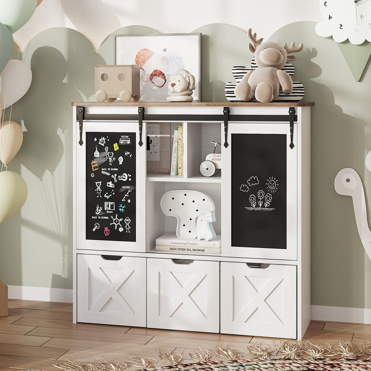 Vabches Toy Storage Organizer with Sliding Blackboard, Kids Bookshelf and Bookcase with 3 Movable Drawers & 5 Storage Cubbies, Multifunctional Storage Cabinet Toy Chest for Playroom,Nursery, Kids Room Vabches