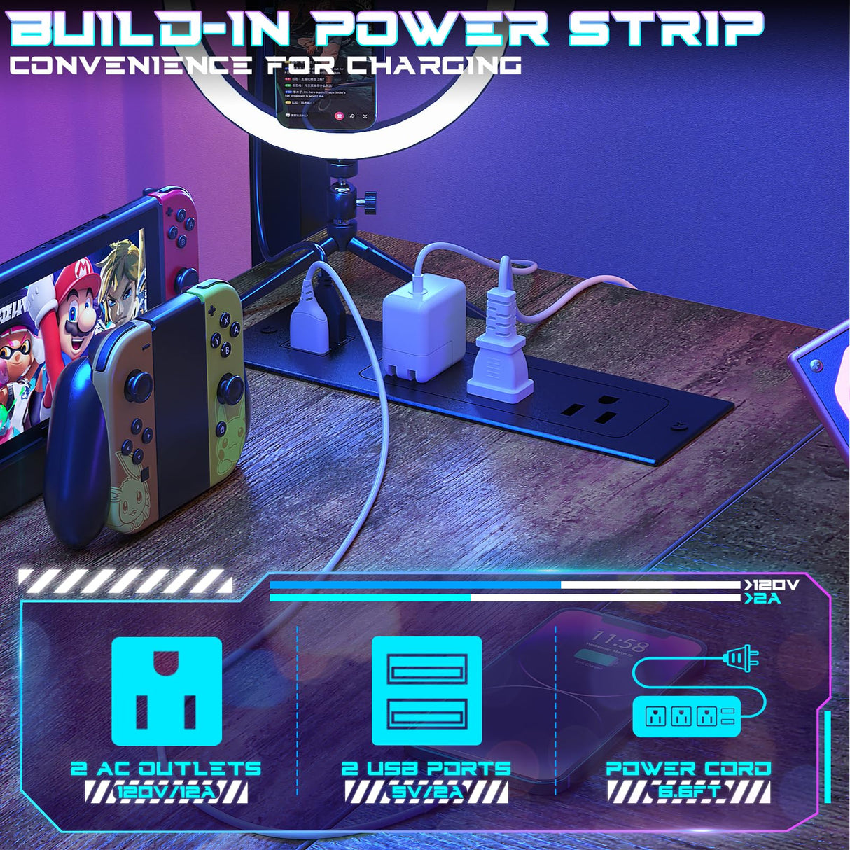 Homieasy Small Gaming Desk with Power Outlets Pegboard LED Light, 43 Inch L Shaped Computer Desk with Monitor Stand Storage Shelves, Reversible Corner Desk with Headset Hooks, Rustic Brown Homieasy