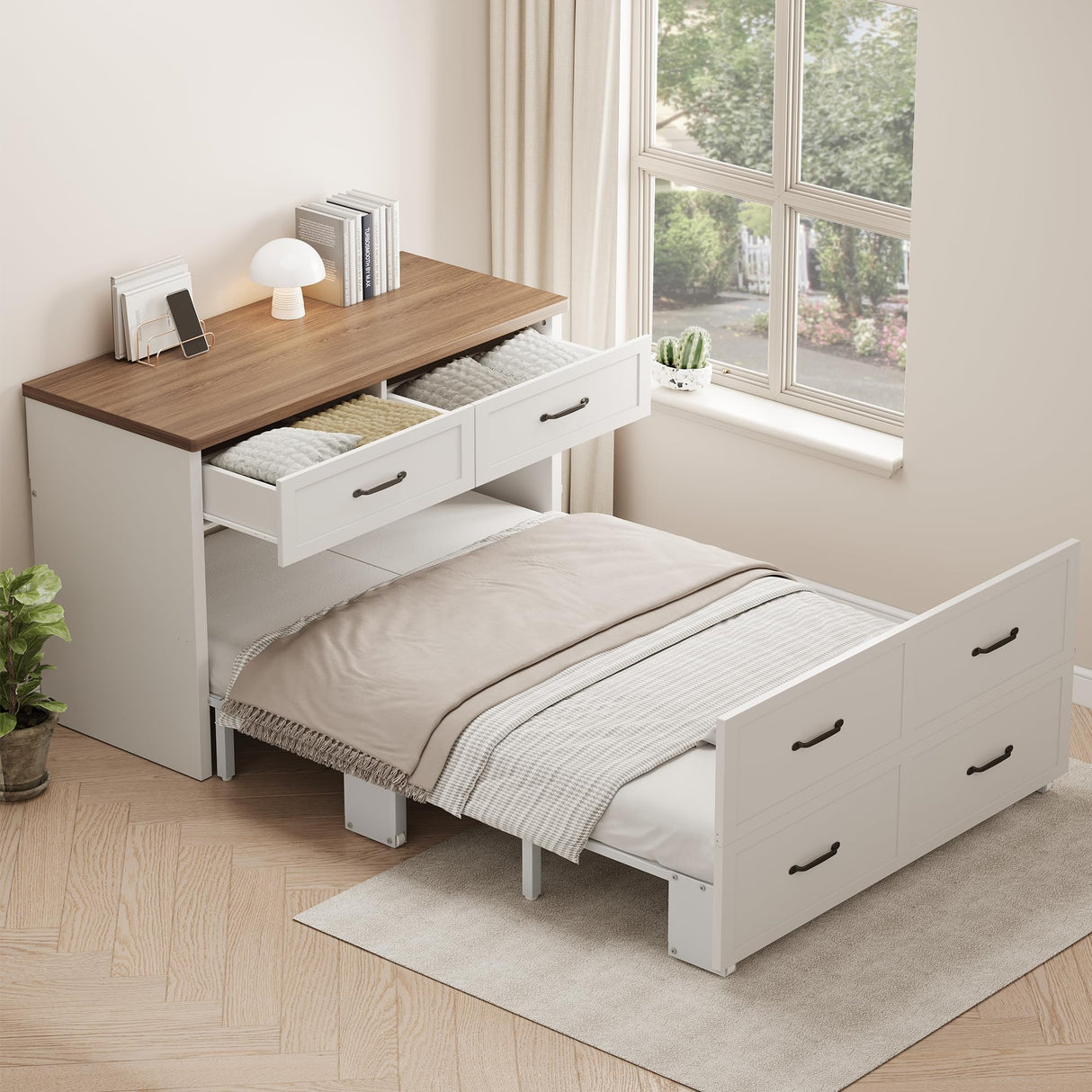 Murphy Bed Cabinet with Mattress Included,76*33 Inches Twin Size Hideaway Bed with Storage for Adults Guests and Kids,Easy Pull out and Folding,White 2 in 1 Small Fold up Space Saving WallBed XIAO WEI