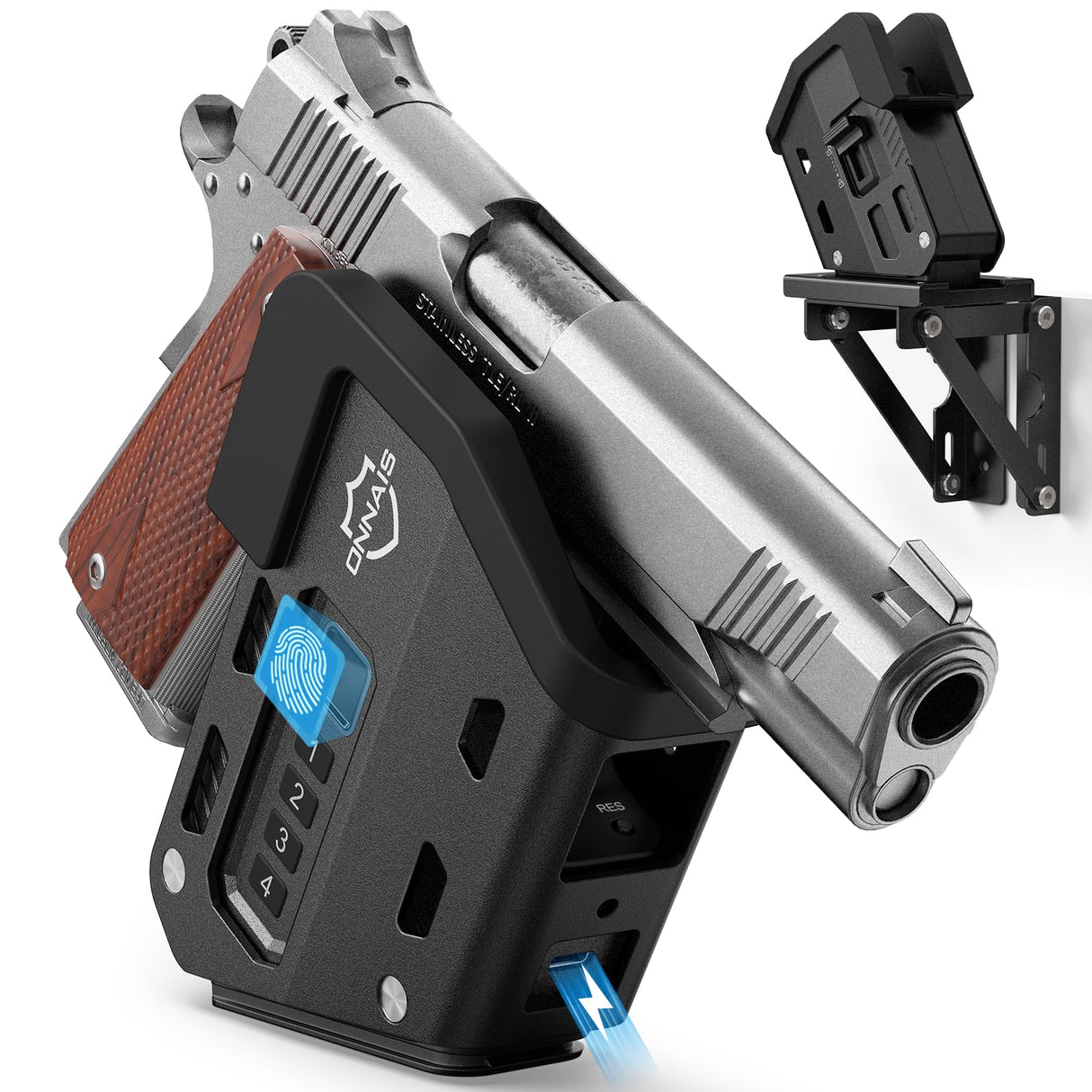 ONNAIS Wall Mount Pistol Safe - Biometric Gun Safe for Handgun with Fast One-Handed Access, Sturdy Mounted Trigger Lock Gun Rack for Wall, Nightstand, Bedside, or Desk, Concealed Firearm Storage ONNAIS