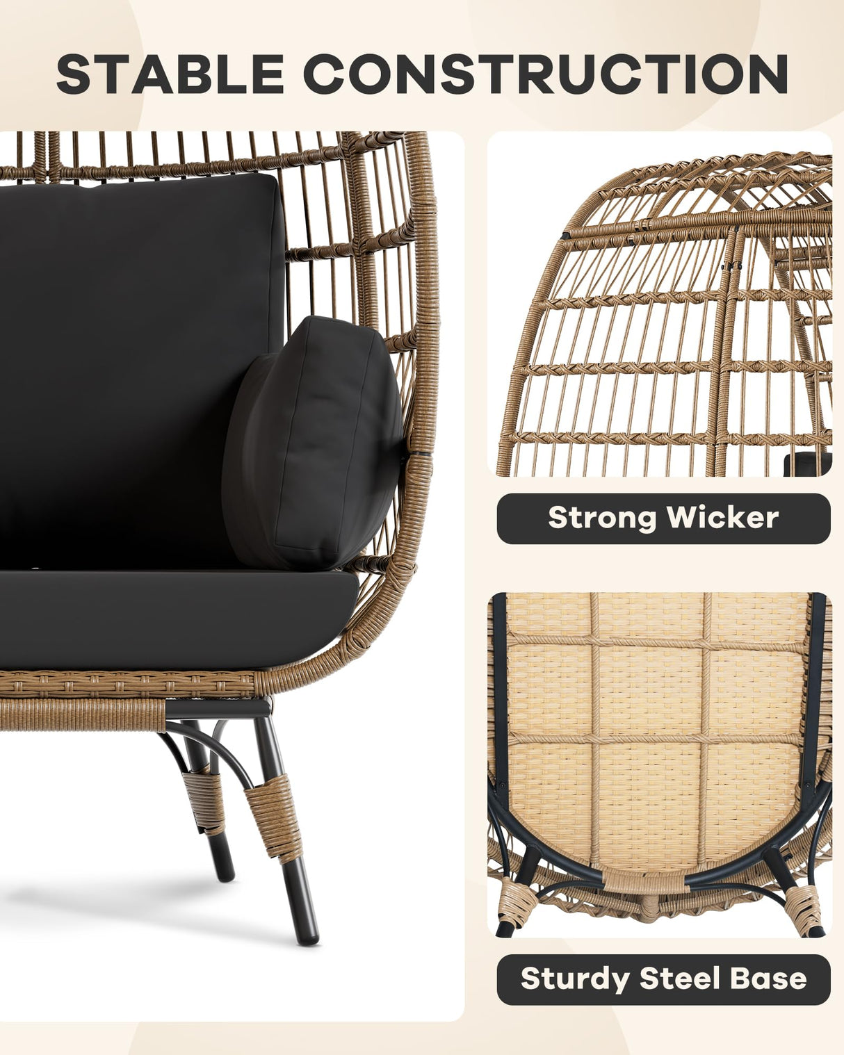 Outdoor Egg Chair, Oversized Patio Wicker Basket Chair for Balcony, Patio, Living Room, Lounge Chairs for Outside with Thick Cushions, 350LBs Capacity Egg Chair Indoor Outdoor Furniture, Black Hipicute