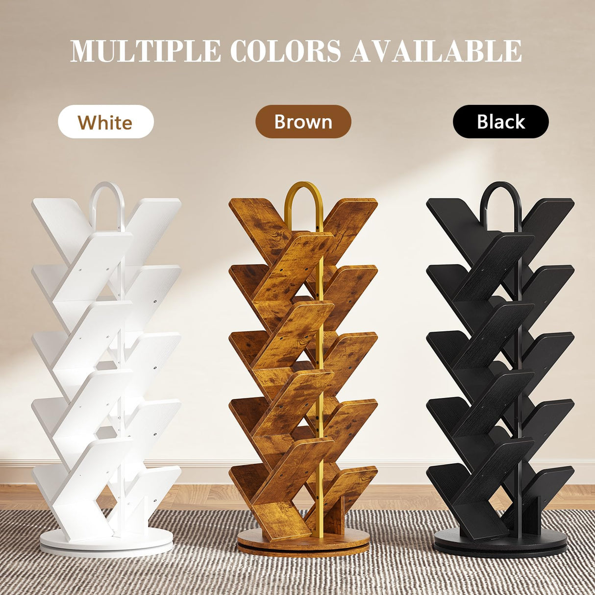 TVU 18-Tier Tree Rotating Bookshelf, 360 Degree Spinning Standing Bookcase for Magazines DVDs Books, Corner Bookcase for Living Room Bedroom Study (Black) TVU