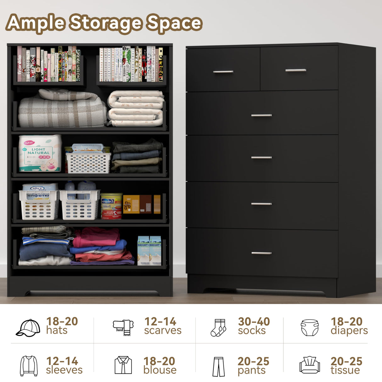 FJTJBSI Dresser with Power Outlets Wooden 6 Drawer Dresser with Large Organizer Black Tall Storage Organizer with Smooth Metal Rail Modern Chest of Drawers Closet for Bedroom Hallway FJTJBSI