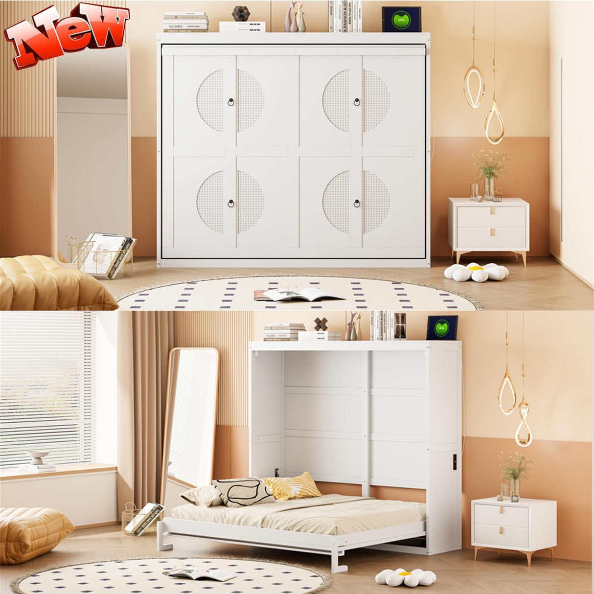 Harper & Bright Designs Full Size Murphy Bed Frame with Charging Station, Wooden Murphy Cabinet Bed, Space-Saving for Living Room, Guest Room, White Harper & Bright Designs