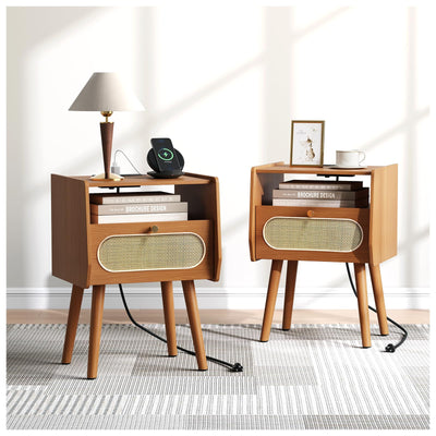 JOINICE Night Stand Set 2, Mid Century Modern Bedside Table with Charging Station & Rattan Decor Drawer, Boho End Table with Storage & Solid Wood Feet for Bedroom, Cherry