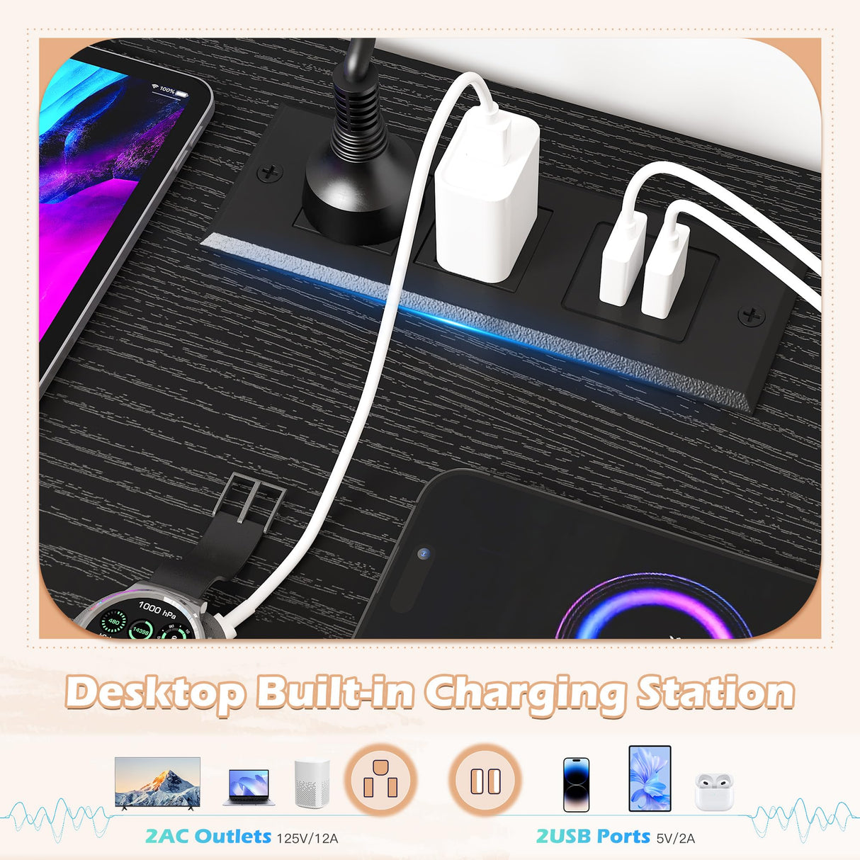 Black Dresser TV Stand for 55'' with LED Lights & Charging Station, Dresser for Bedroom with 8 Drawer, Chest of Drawers with Open Shelves, 6 Adjustable Feet, Hallway, Entryway, Closet EnHomee