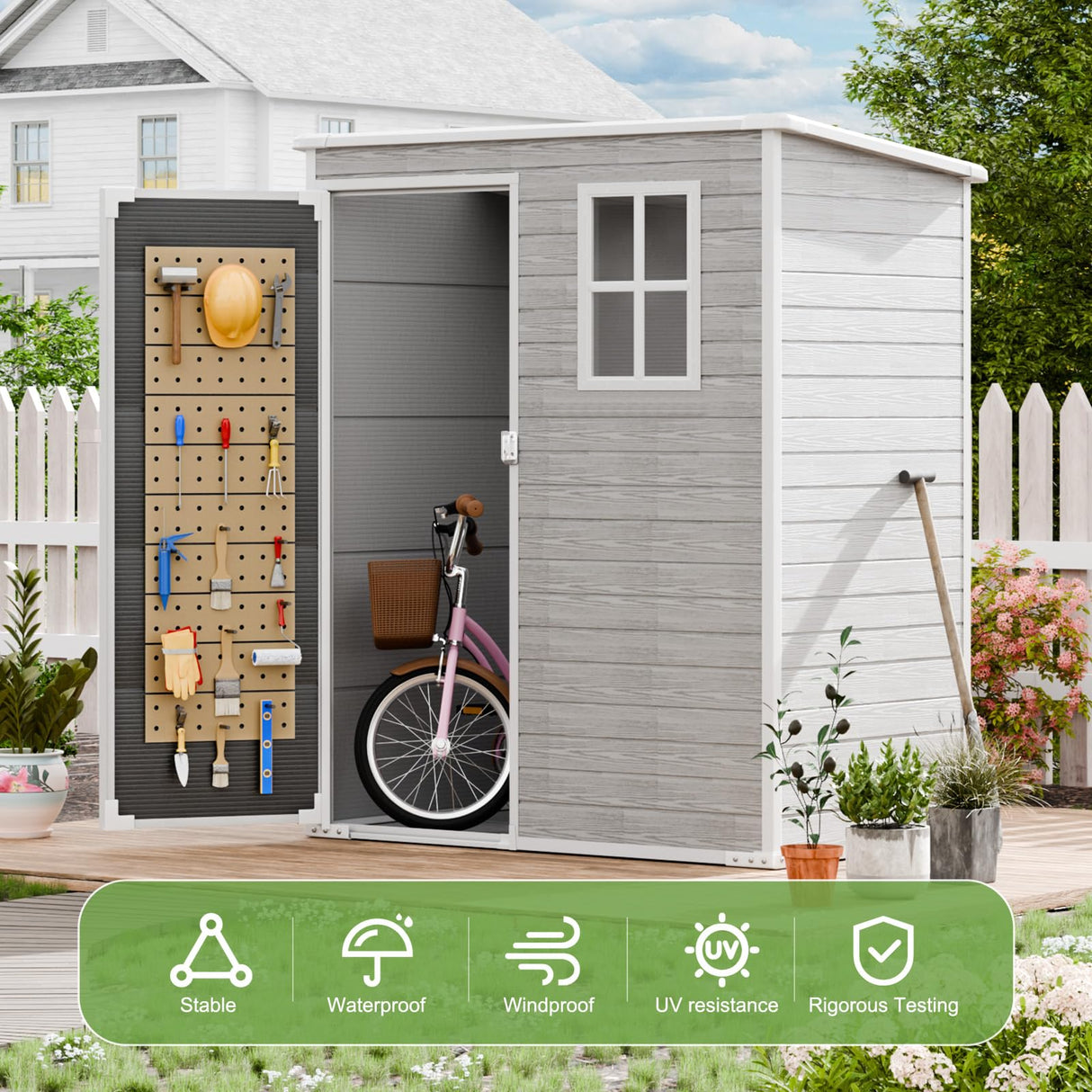 SELLERWE 5x3 FT Outdoor Storage Shed, Waterproof Thicker Small Resin Shed with Floor & Lockable Door & Window & Vents, Plastic Tool Shed for Backyard, Patio, Poolside, Outside, Dove Grey SELLERWE