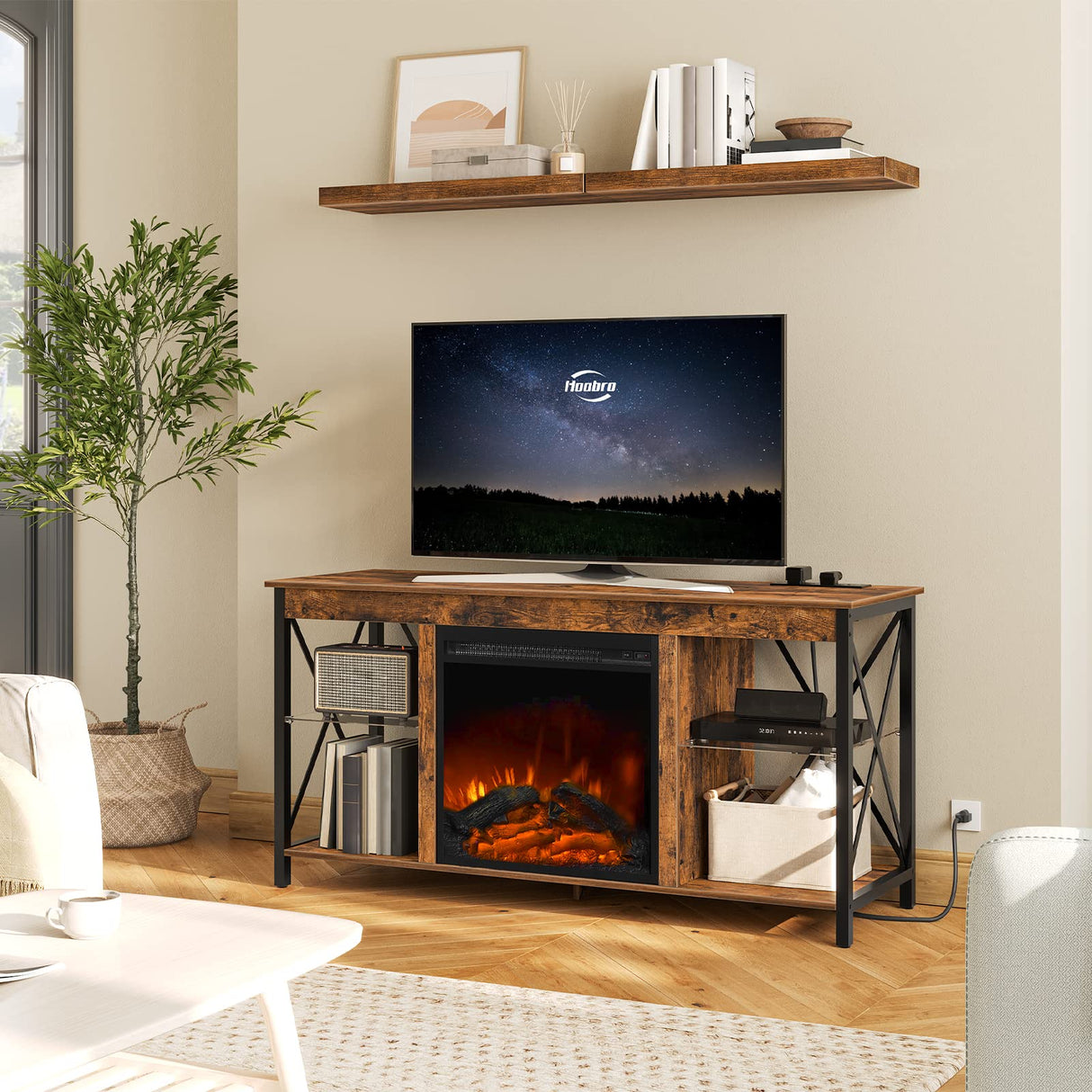 HOOBRO Fireplace TV Stand with Led Lights and Power Outlets, Wooden Media Entertainment Center Console Table with Glass Shelves, Fireplace TV Console for TVs up to 55", Rustic Brown BF120UDDS01 HOOBRO
