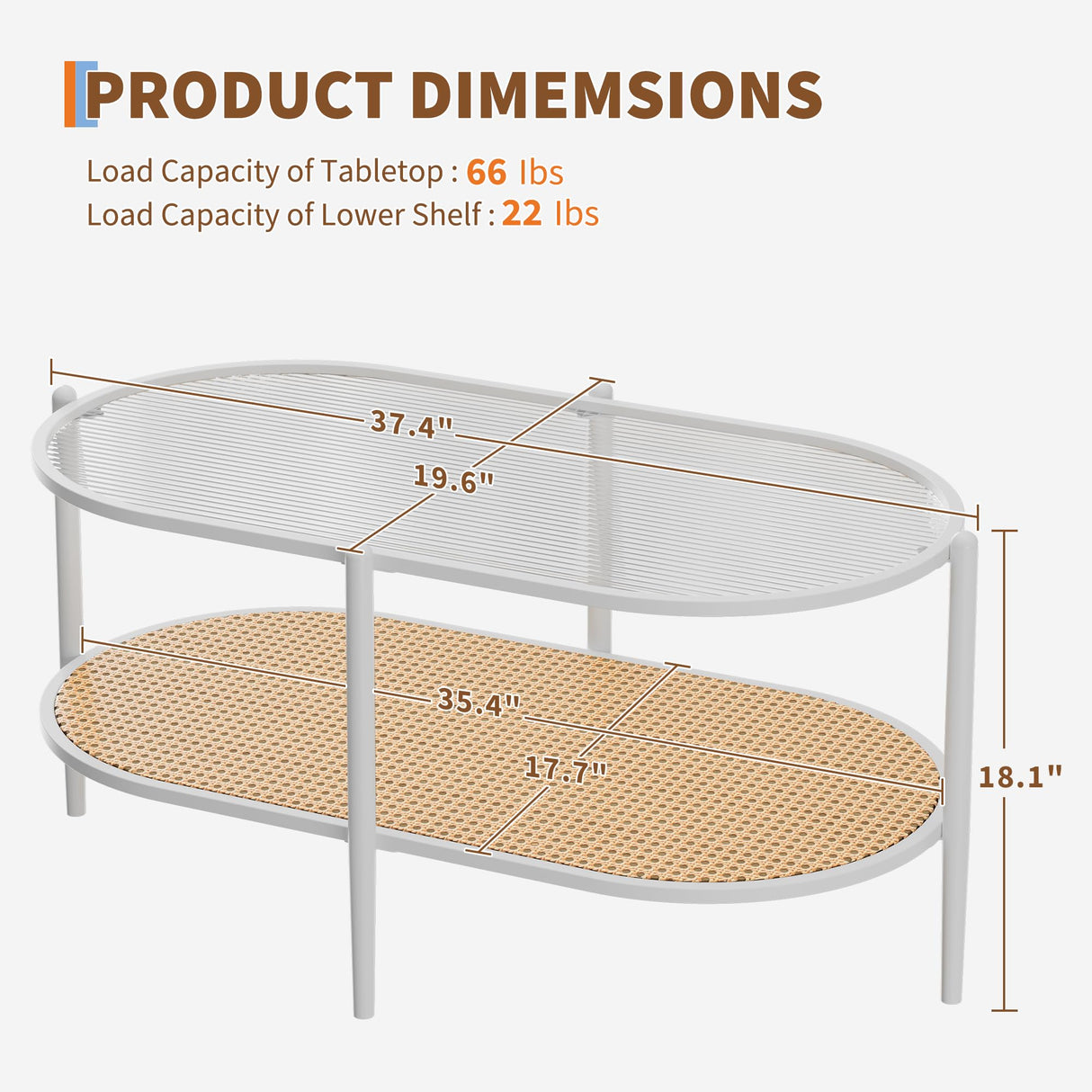 Boho Rattan Coffee Table with Glass Top, 2-Tier Oval Center Table with Metal Frame & Storage Shelf, Rustic Farmhouse Living Room Accent Tea Table for Apartment, Bedroom, Office White IDEALHOUSE