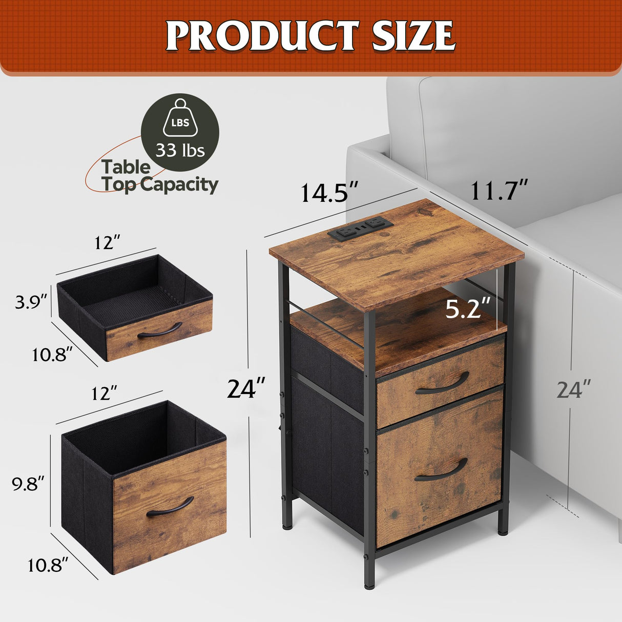 WLIVE Night Stand Set 2, Nightstand with Charging Station, Bedside Tables for Bedroom, Living Room, Side Table with Fabric Drawers, USB Ports and Outlets, Rustic Brown WLIVE