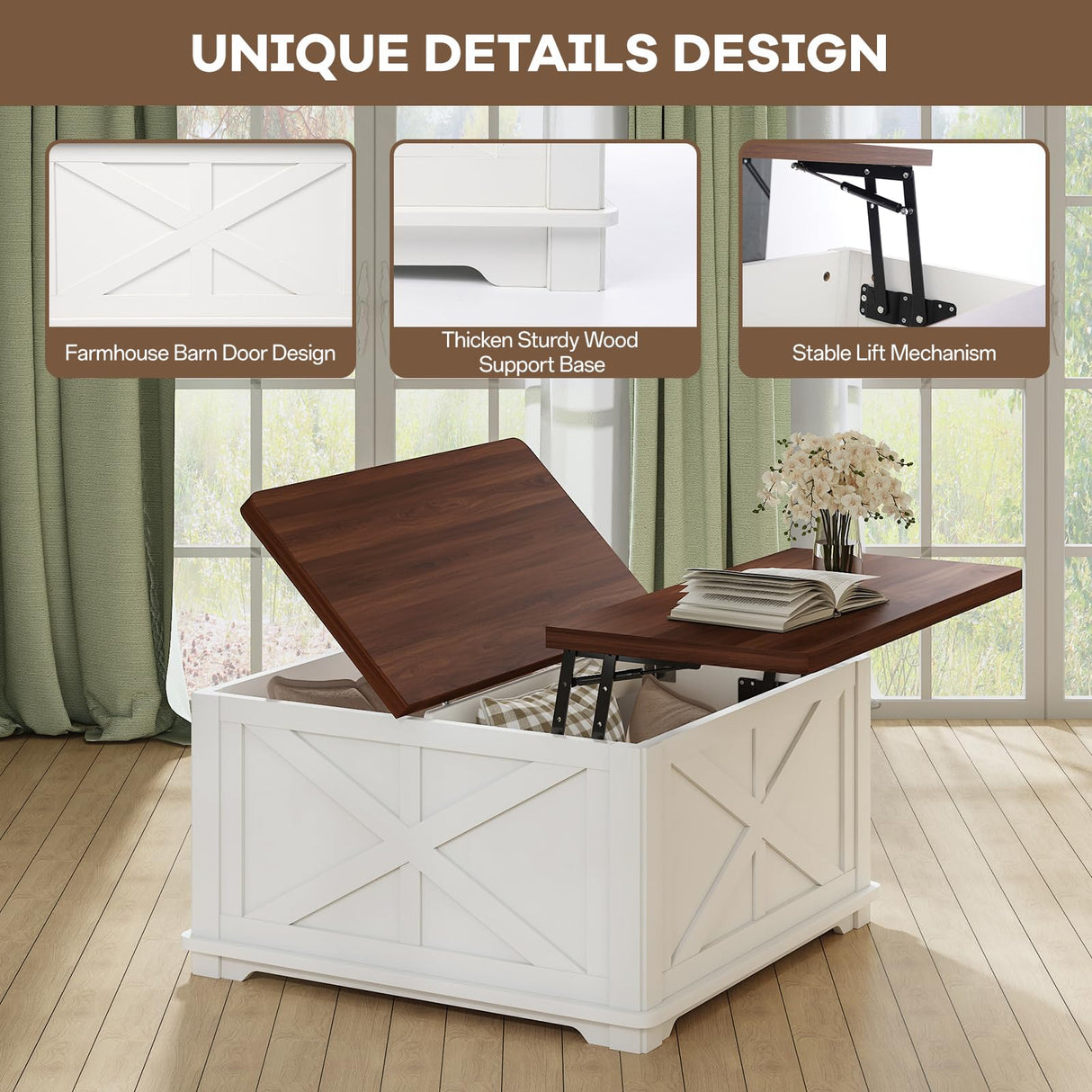 Airynee Farmhouse Coffee Table with Hydraulic Lifter, Square Coffee Table with Large Hidden Storage Compartment for Living Room, Wooden Coffee Tables with Brown Flip-Top Lids for Home Office, White Airynee