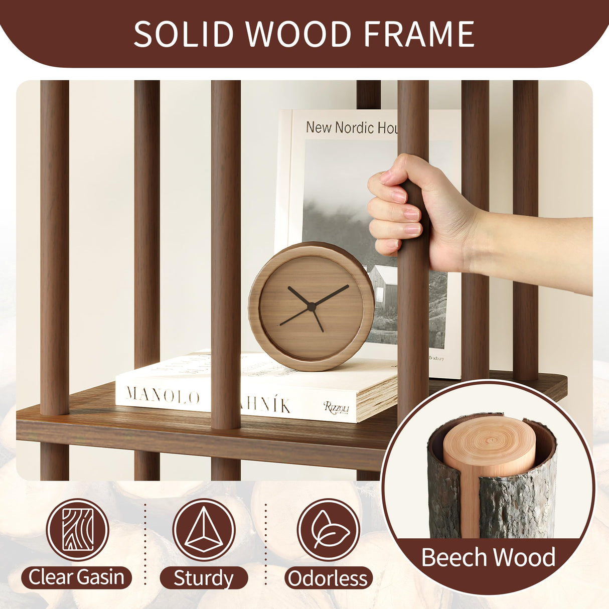 IOTXY 5-Tier Rotating Bookshelf Tower - Beech Wood Frame Spinning Bookcase with Storage Base, Tall Freestanding Revolving Shelf Organizer, Walnut IOTXY