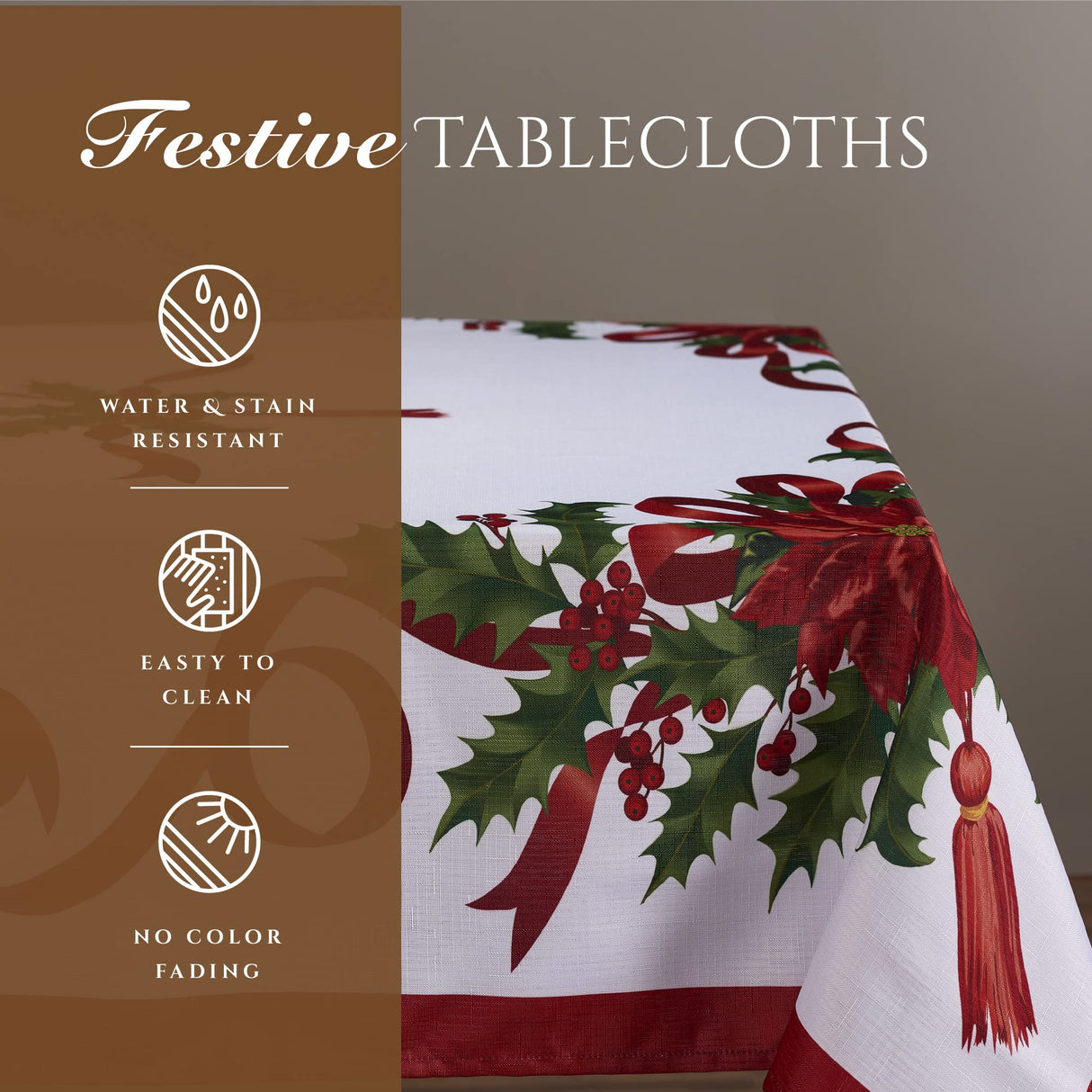 Kadut Christmas Ribbon Tablecloth (60 x 84 Inch) for 5 Foot Rectangle Tables, Heavy Duty Fabric, Stain Proof Xmas Ribbon Table Cloth for Harvest, Holiday, and Fall, & Christmas Dinner. Kadut