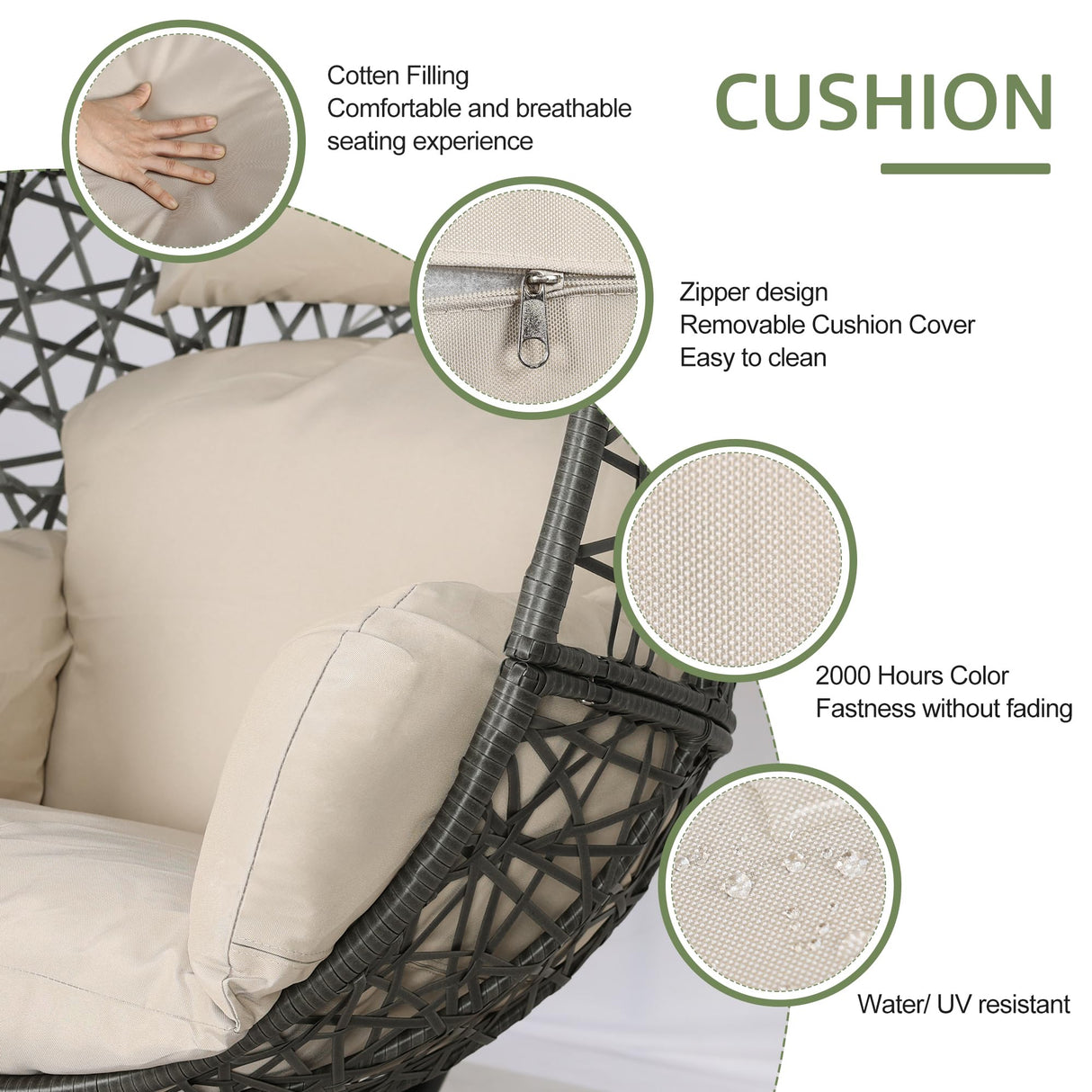 NICESOUL Oversized Patio Swing Egg Chair, Cozy Bird Cage Hanging Basket Chairs with Stand, Indoor Outdoor Large Rattan Swinging Chair, 450 lbs Sturdy Egg-Shape Padded Seat for Balcony Outside, Beige NICESOUL