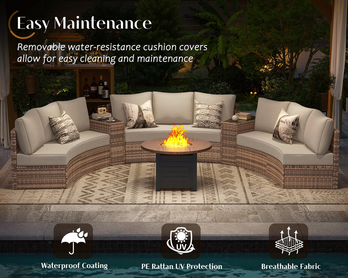 PaPaJet 11-Piece Patio Furniture Set, Half-Moon Outdoor Wicker Sectional Sofa with Large Storage Wedge Table, All-Weather Wicker Conversation Set for Backyard, Garden, or Deck, Beige PaPaJet