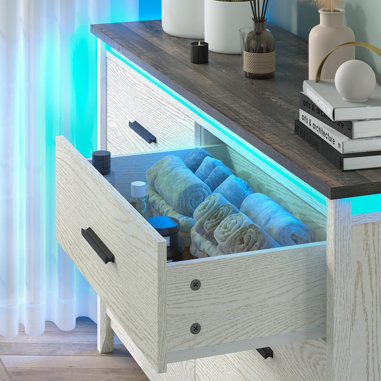 IKENO 6 Drawers Wood Dresser with LED, Storage Dresser for Bedroom, Wide Chest of Drawer with Metal Handles (White with LED) IKENO