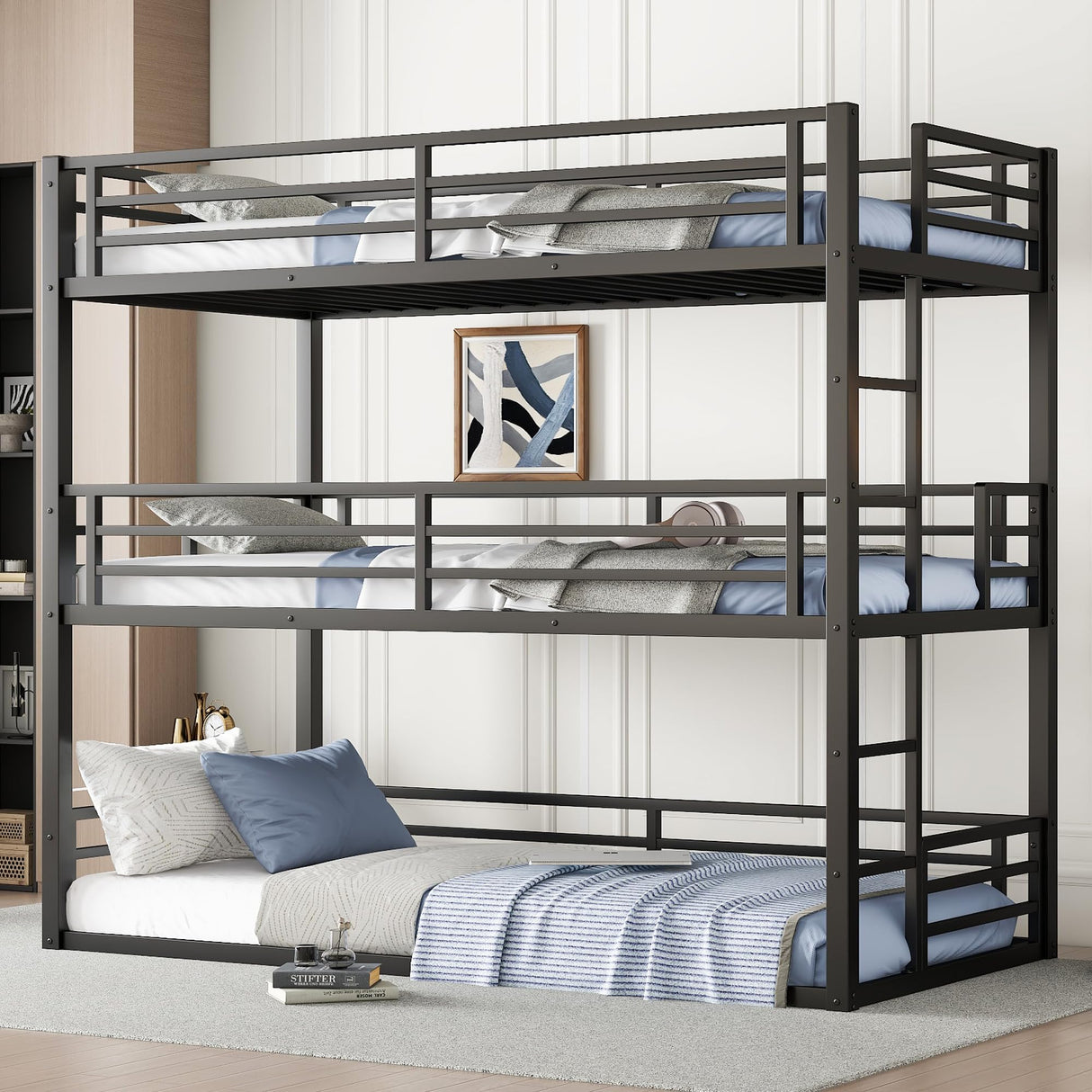 Bellemave Triple Bunk Bed Twin XL Size, Heavy Duty 3 Bunk Beds with Safety Guardrails and Noise-Reduced Design, Metal Triple Bed for 3 Kids, Teens, Adults, No Box Spring Needed Black Bellemave