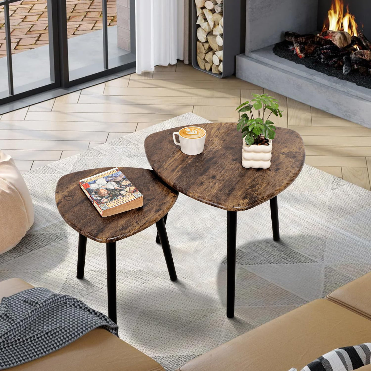 Nesting Coffee Table Set of 2 Triangular End Side Tables Modern Industrial Simple Nightstand Center Table for Living Room Bedroom Apartment, Retro Brown FEUFOAM