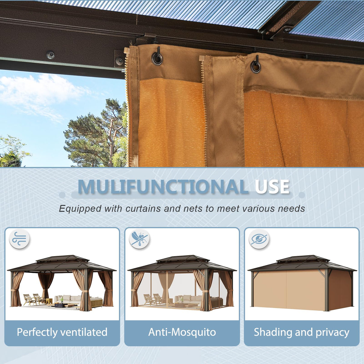 Aoxun 12'x16' Hardtop Gazebo, Aluminum Frame Permanent Pavilion with Curtains and Netting, Outdoor Polycarbonate Double Roof Canopy, Designed for Garden, Lawns, Patio Aoxun