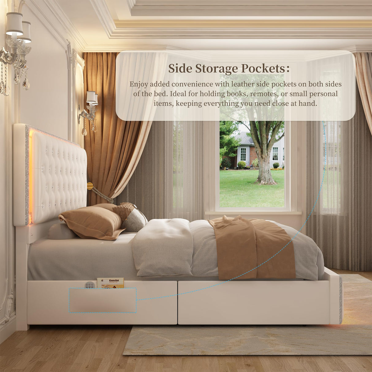 SIBEDS Full Led Bed Frame with 2 Drawers, Storage Platform Bed with Upholstered Crystal Button Tufted Headboard Footboard, 2 Side Pockets, No Box Spring Needed, PU White SIBEDS